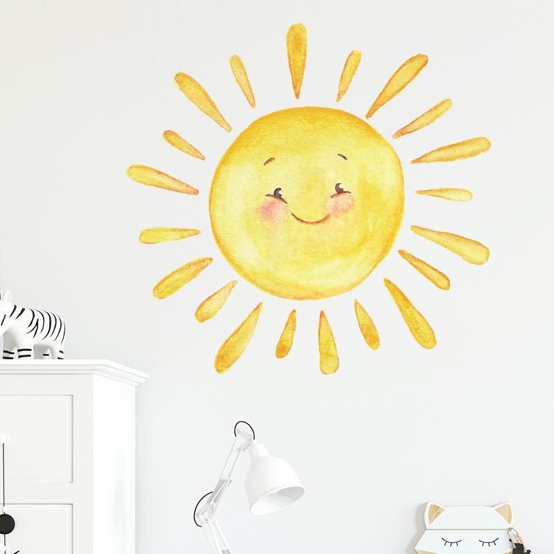 Playful Cartoon Sun Wall Stickers Hand-Painted Style Self-Adhesive Wall Art for Kids Room and Hallway Home Decor
