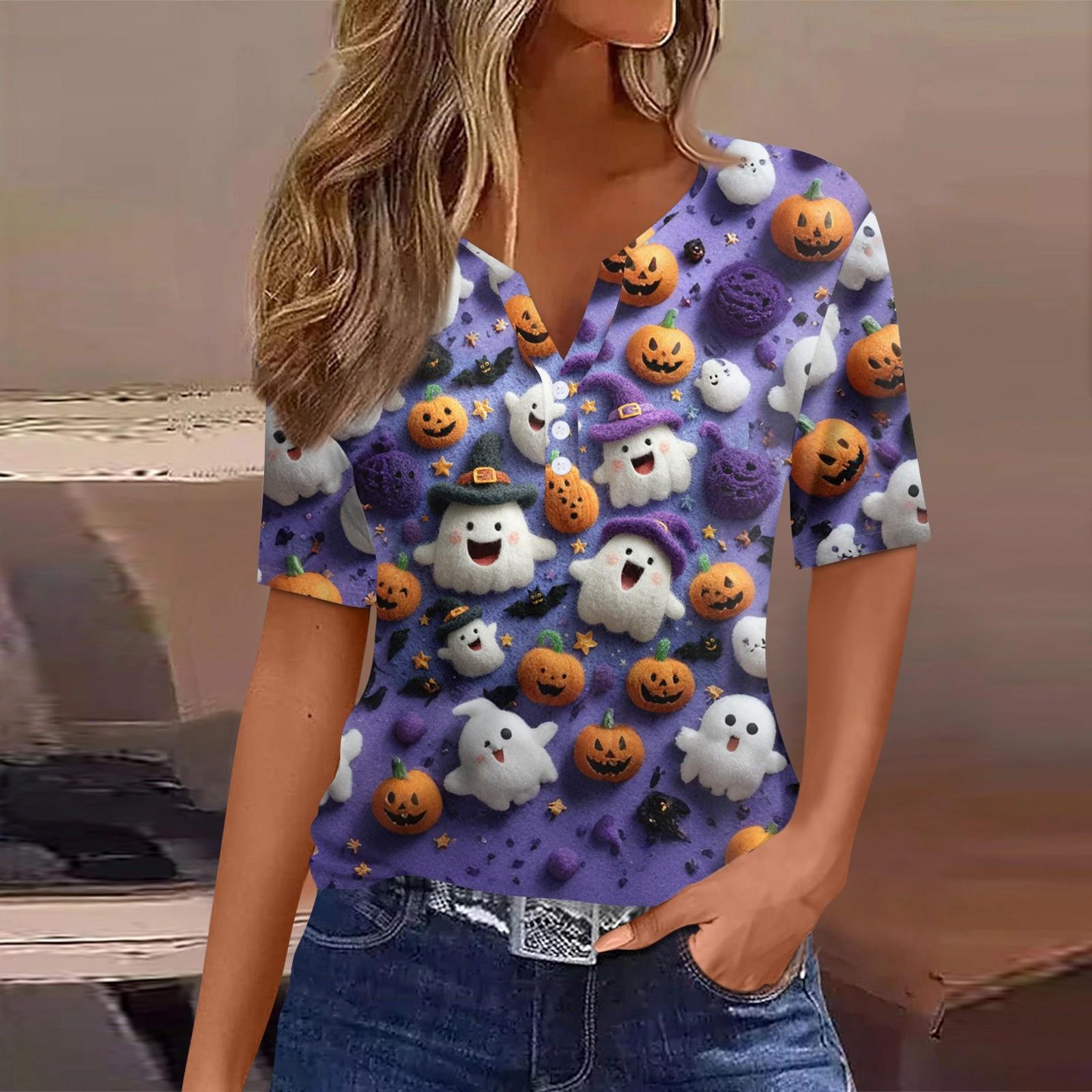 

Женская футболка Футболка Хэллоуин Принт Пуговица Короткий рукав Туника Повседневная Мода Выходного дня Базовая V-образный вырез Обычный Топ L фиолетовый