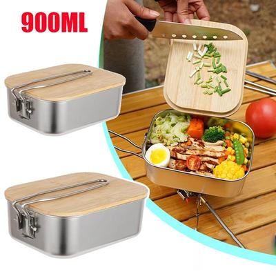 900ML Camping Bento Box Wooden Lid Lunch Box Stainless Steel Bento Box Outdoor Fishing Picnic Lunch Box Pot Chopping Board.