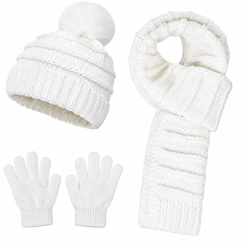 3Pcs/Set Pom Pom Knitted Scarf Gloves Set Soft Cozy Winter Hat Scarf Gloves Kit 2-5Y Baby Kids