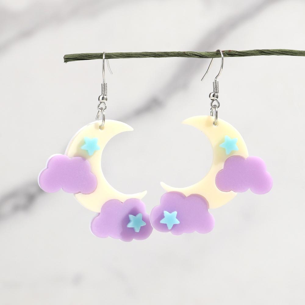 Cute Clouds Rainbow Raindrop Acrylic Earrings for Women Girls Cartoon Moon Purple Cloud Star Drop Earring Fashion Jewelry Gift