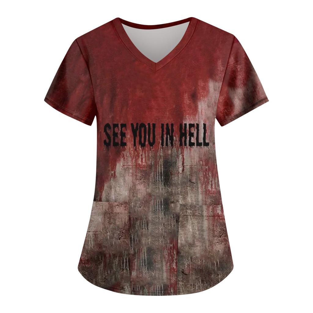 Women's Fashion Casual Halloween Printed Pocket T-shirt Tops