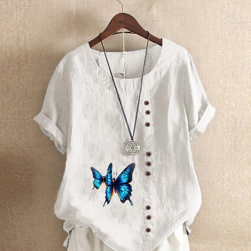 Tricou cu mânecă scurtă cu gât rotund la modă pentru femei, ocazional, din bumbac, cămașă grafică pentru timpul liber Bluză de vară cu printuri fluture