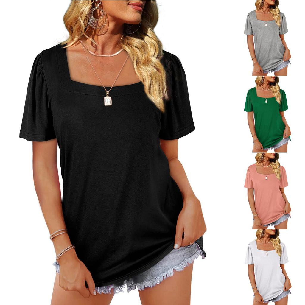 Women's Fashion Casual Square Neck Short Sleeve Solid Color Tops Blouse