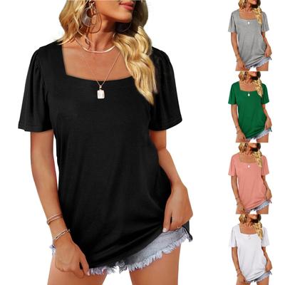 Women's Fashion Casual Square Neck Short Sleeve Color Tops Blouse