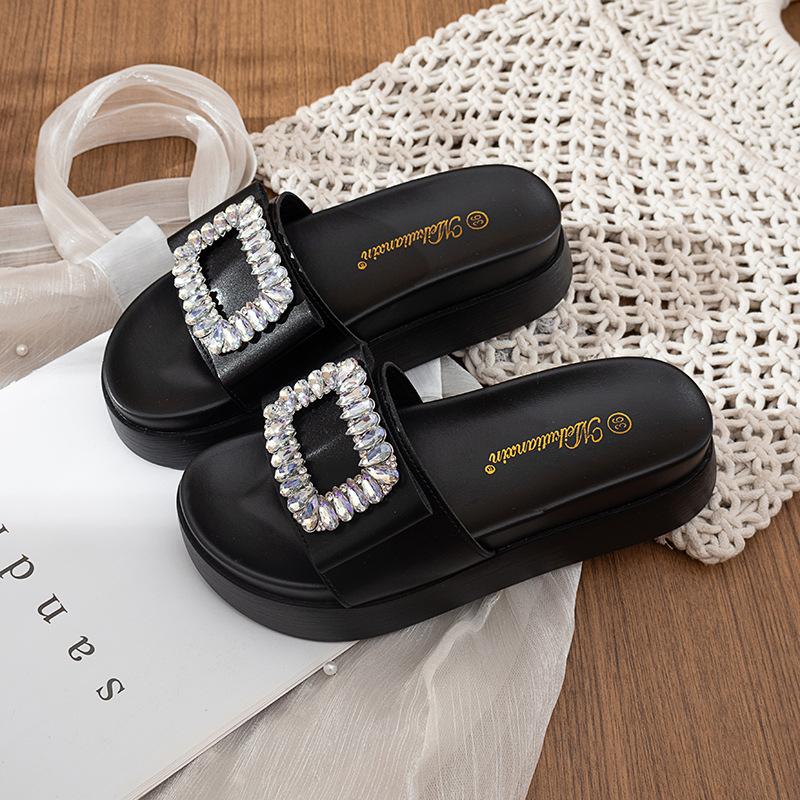 5cm thick-bottomed cool slippers fashionable rhinestone one-word muffin bottom non-slip flat bottom summer new versatile vacation style