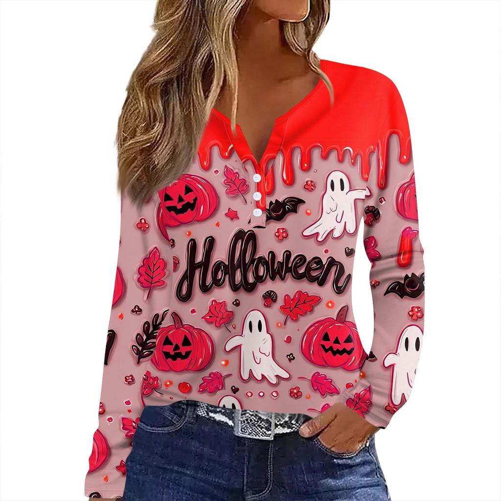 Dámské tričko s potiskem Halloweenu, knoflíky, dlouhý rukáv, denní, víkendová móda, základní, výstřih do V, běžný top