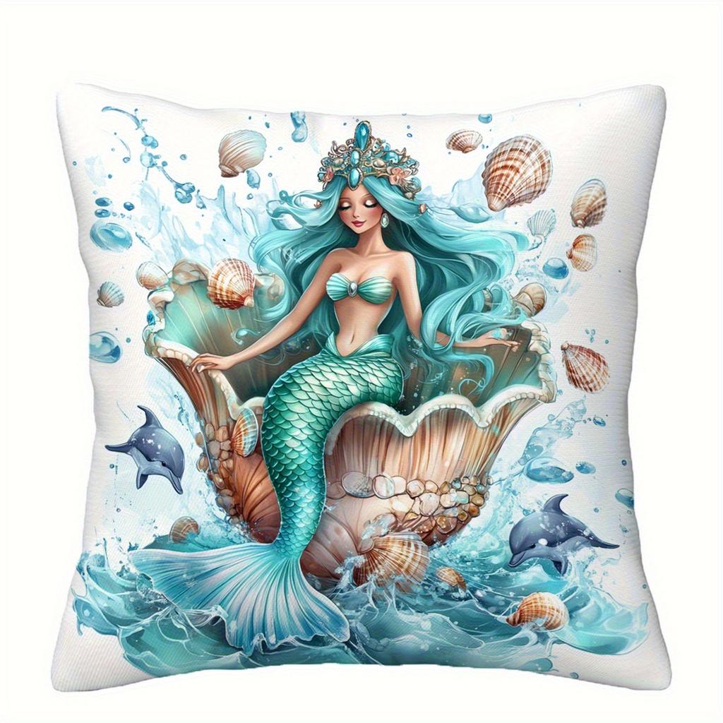 Enchanting Mermaid Underwater Pillowcase - Seashell & Dolphin Print Pillow Cover for Sofa Bedroom Living Room