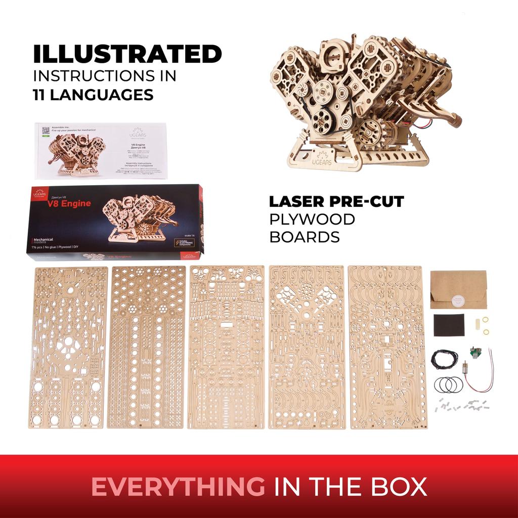 Ugears V8 Engine Puzzle Wooden Craft Model No Glue or Tools Required - -