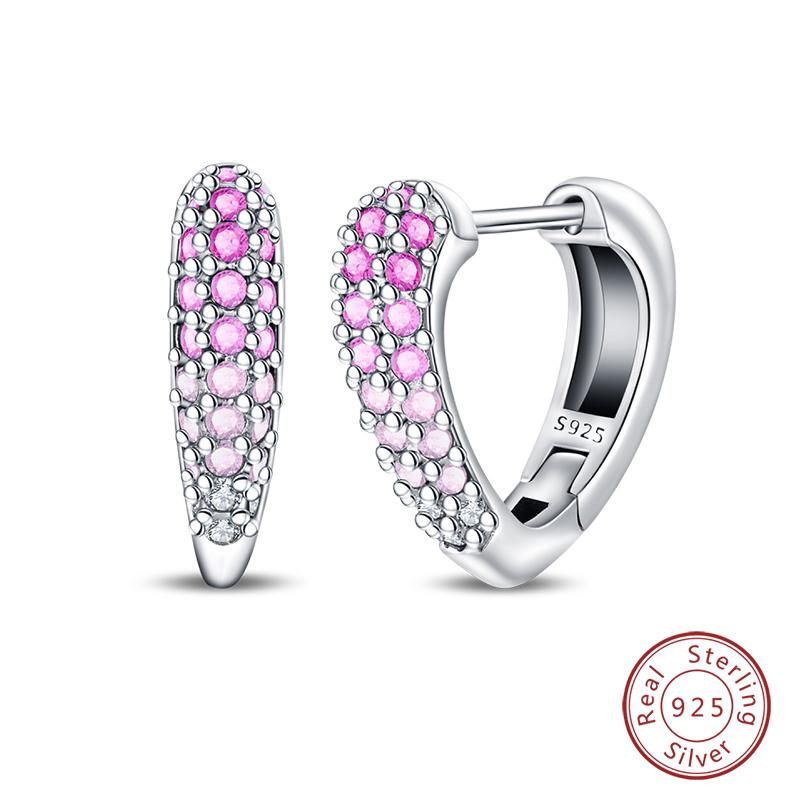 

100% 925 Silver Romantic Pink Bow Earrings Sparkling Heart-Shaped Zircon Ear Studs For Women Wedding Engagement Jewelry