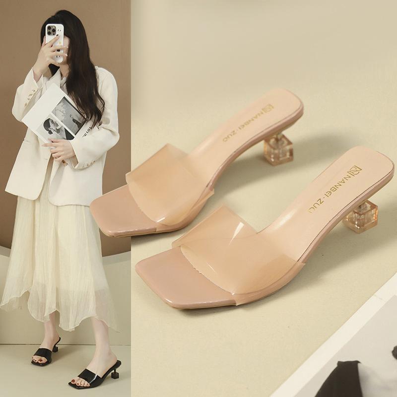 

Large size crystal thin heel square head with slippers for women wearing new high heel transparent cool slippers for women 35