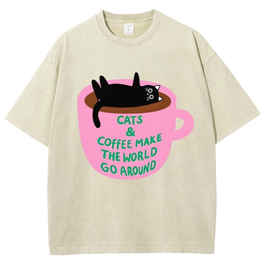 Rosa Tasse Schwarzer Cartoon-Katzen-Print Damen T-Shirt Sommer Bequem Süß Kurzarm Y2K Liebling Lässig Top