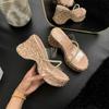 Thick-bottomed Wedge Slippers Women's New Summer Outer Wear Fashion Sequins Transparent One-word Set Toe High-heeled Sandals Women