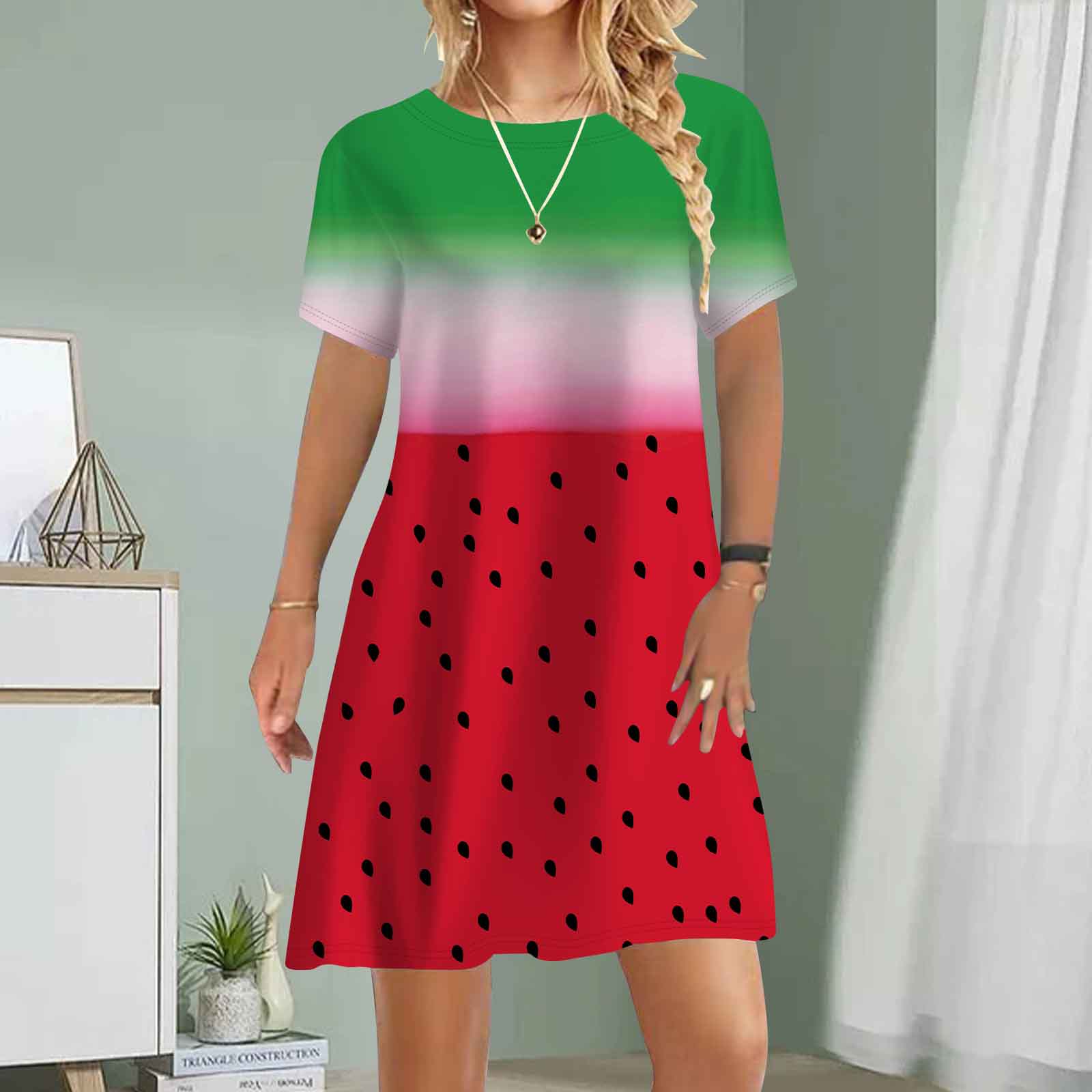 

Женское повседневное платье Летние платья с принтом арбуза для женщин с круглым вырезом и коротким рукавом Платье больших размеров 4XL красный