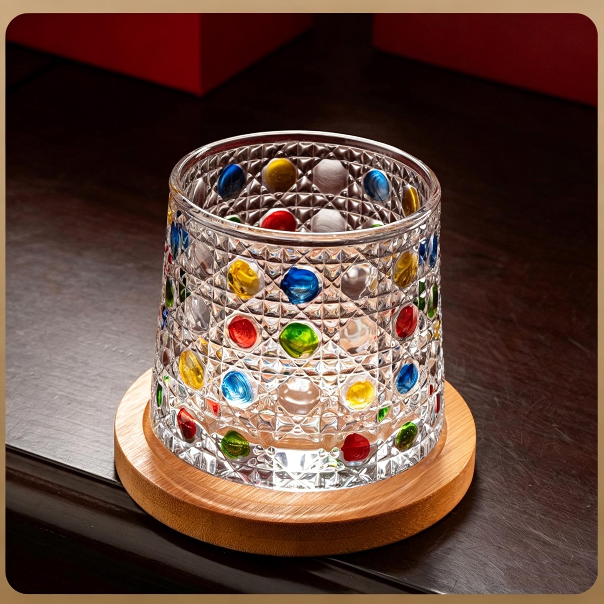Colorful Hand-Painted Crystal Whiskey Glass, Vintage Embossed Tumbler for Bar & Home