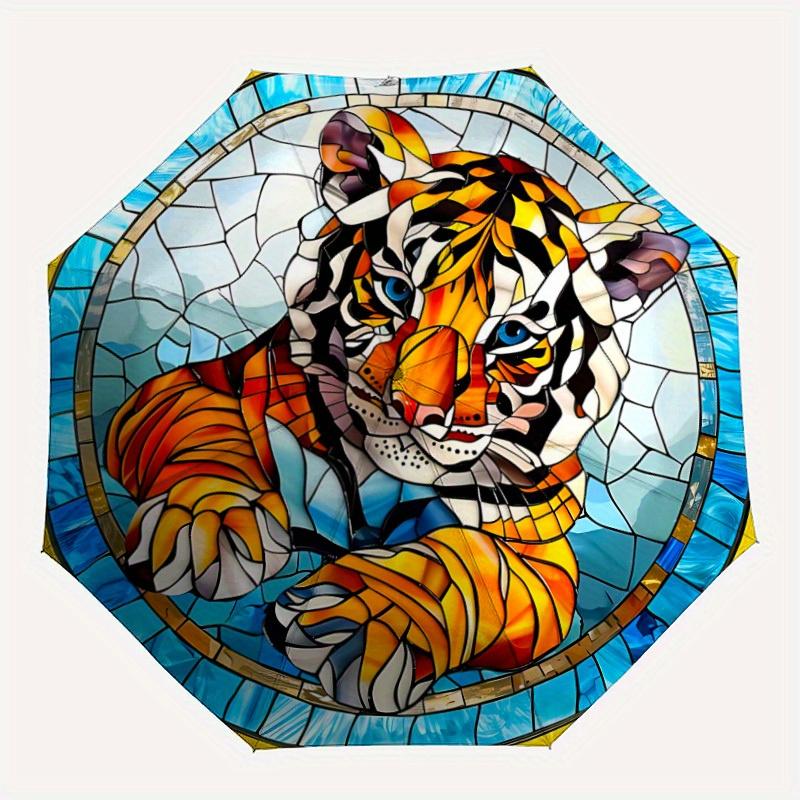

1pc Tiger StainedGlass Automatic Open/close Folding Compact Umbrella, 8-Rib Sturdy Canopy, Lightweight Portable, Everyday Use, Gift, Outdoor Umbrella,