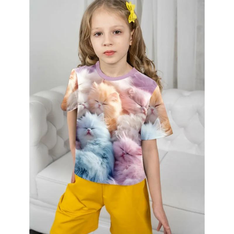 T-Shirts für Kinder Niedliche Katze 3D-Druck Sommer Lässig Cartoon-Muster Kurzarm-T-Shirts Outdoor Schlicht