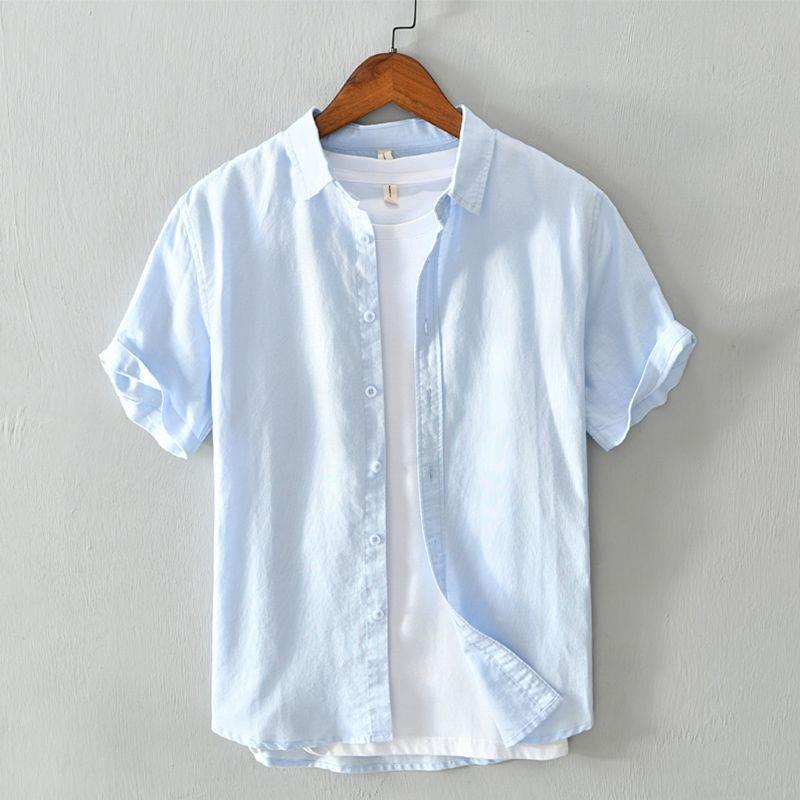 Chemise décontractée à manches courtes en coton et lin pour homme, style japonais