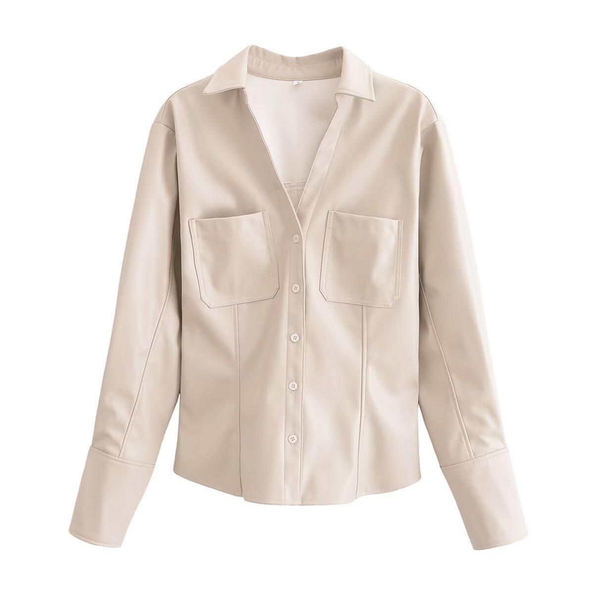 

2024 Женская Европейский и Американский Стиль Приталенная Рубашка из Искусственной Кожи L бежевый