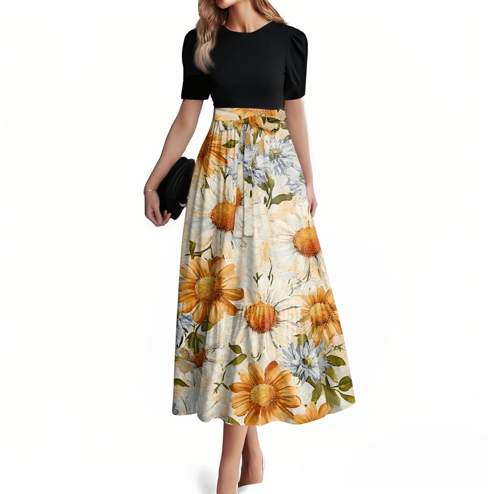 

Women s Fashion Casual Belt Short Sleeve Round Neck Stitching Elegant Temperament Dress M помаранчевий