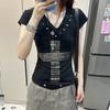 Japonské Y2k Metalový Kříž Potisk Tričko Vintage Harajuku Krátký Rukáv Průhledné Topy Trashy 2000s Výstřih do V Streetwear Grunge