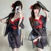 Sexy Lingerie Side Split Halter Dress Sexy Black Print Kimono Cosplay