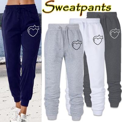 Calças de Moletom Esportivas Estampadas com Gato para Mulheres Algodão Solto de Alta Qualidade Calças Longas Calças Jogger Casuais para Fitness Corrida
