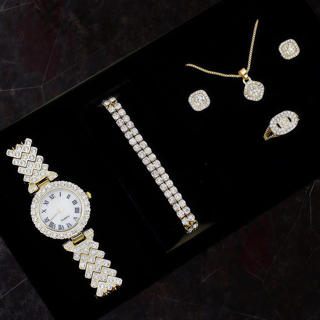 Ladies Cornucopia Diamond Watch Set, Popular 5pcs Bracelet Accessories Fashion Quartz European Beautiful Women Watch Set