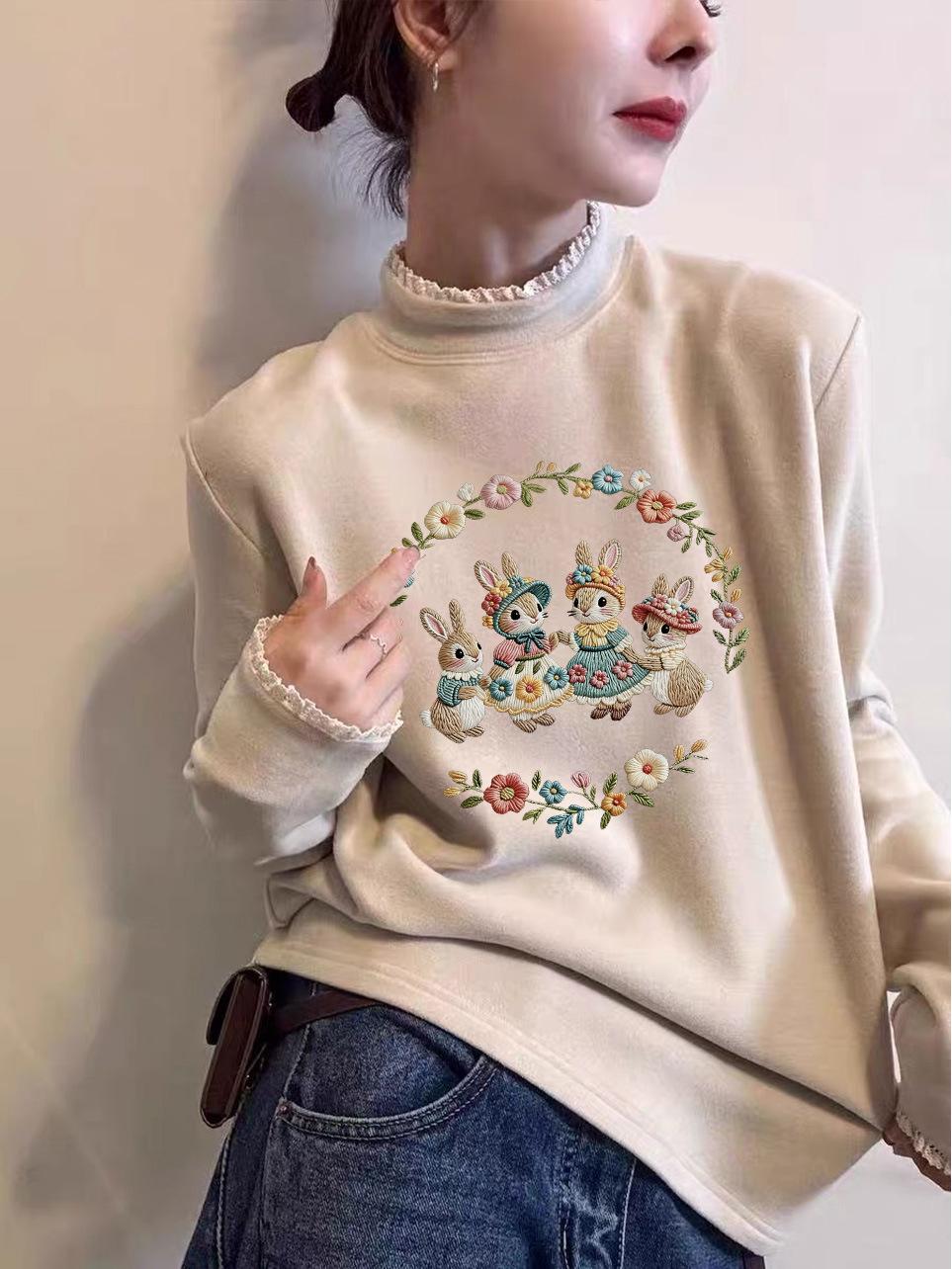 

Women s 2025 Autumn/Winter Lace Collar Velvet Base Layer Long Sleeve T-Shirt XXL