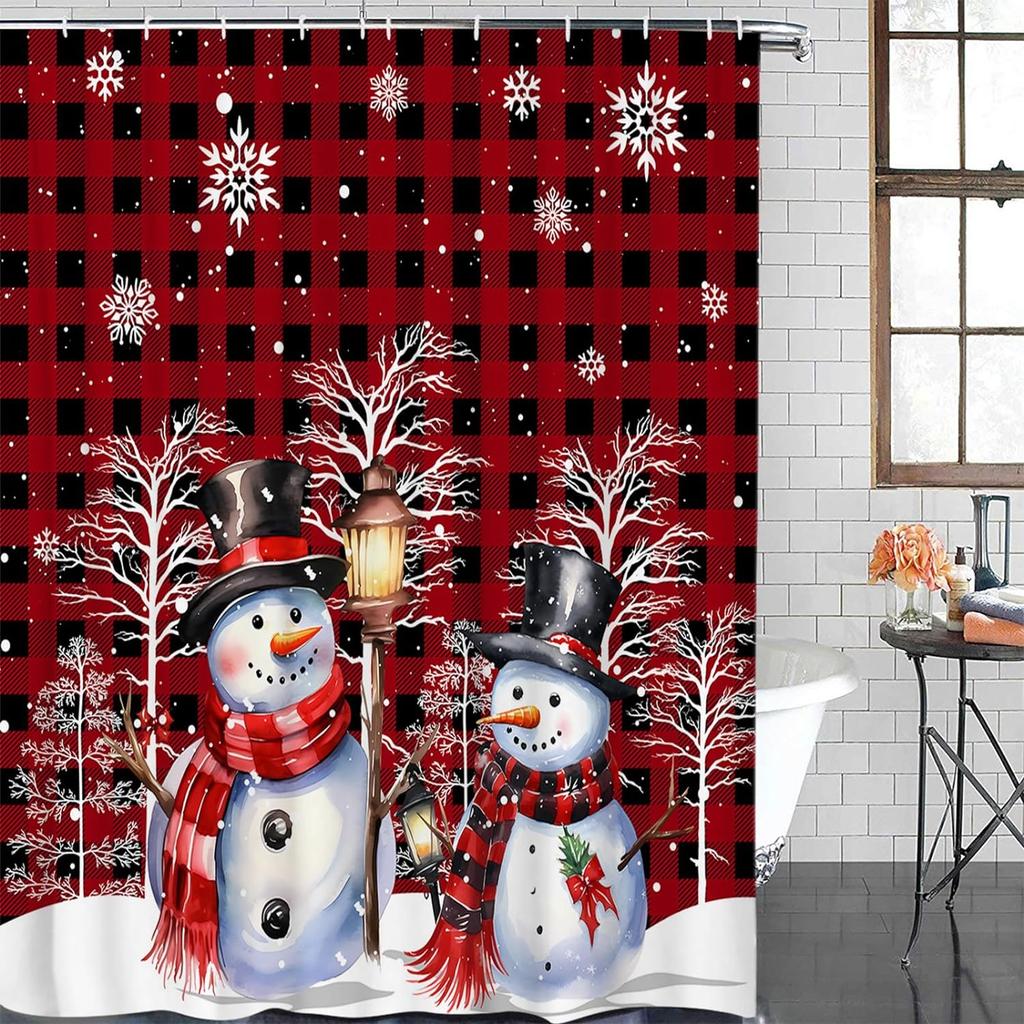 Snowman Cartoon Christmas Winter Shower Curtain Merry Christmas Red Bird Snowy Pine Bathroom Decor Polyester Bathtub Curtain