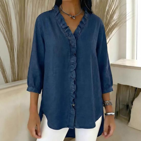 Women Tops V-Neck 3/4 Sleeve Ruffle Trim Shirt Tops Loose Fit Pure Color Casual Imitation Denim Shirt Tops Daily Wear