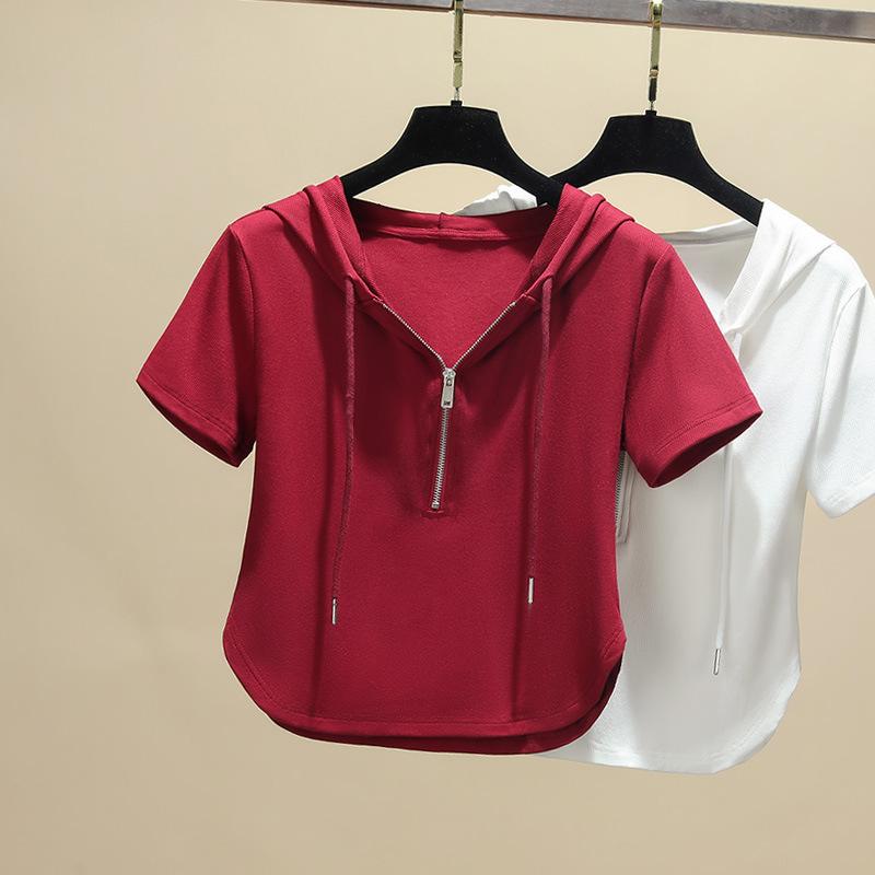 

Футболка с короткими рукавами для женщин, летняя новая женская однотонная футболка с закругленным подолом, короткая застежка-молния с капюшоном M красный