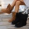 Vintage Fringed Western Boots Knight Boots Autumn and Winter New Round Head Middle Heel Mid Boots Thick Heel Martin Boots Single Boots