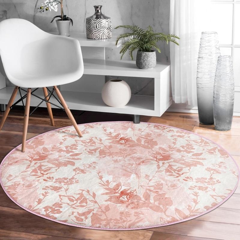 

Пудрово-розовый цветок и лист Дизайн с цифровой печатью Оранжевый круглый ковер для гостиной с моющимся нескользящим основанием