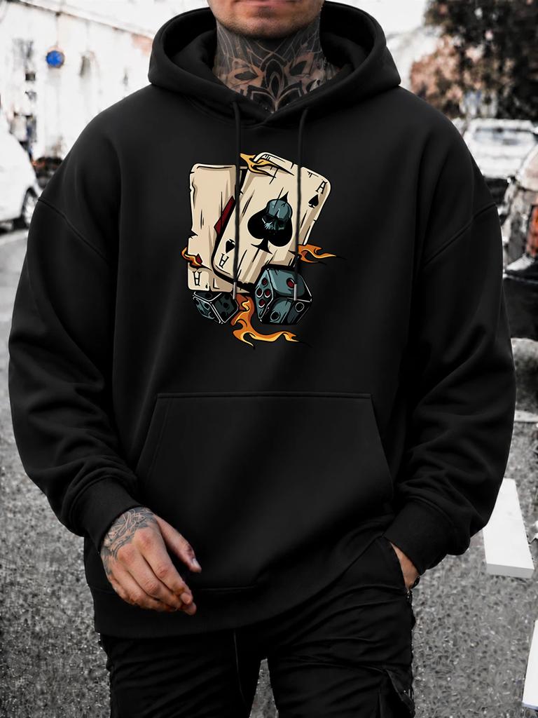 unisex Gothic Streetwear Sweatshirt with Burning Cards & Dice Print - Front Pocket Hoodie Pullover, Drawstring Hood Suitable for Halloween, Autumn Win