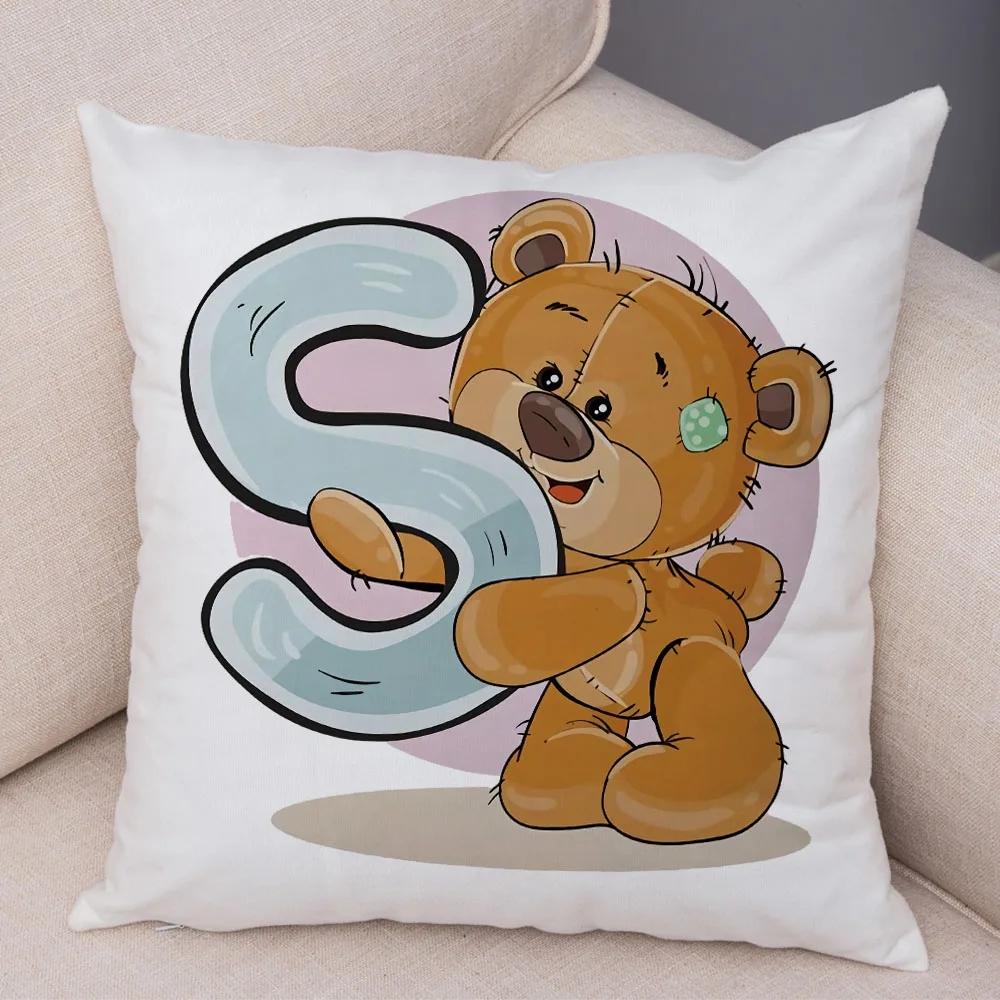 Cute Cartoon Bear Animal Cushion Cover for Sofa Children Room English Letter Print Pillow Case Short Plush Pillowcase 45x45cm