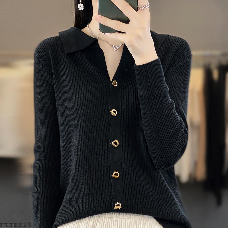 

Новый однотонный кардиган поло с длинным рукавом для женщин, осенне-зимний, новая куртка-топ с лацканами и застежкой на пуговицы, вязаный свитер XXL чёрный