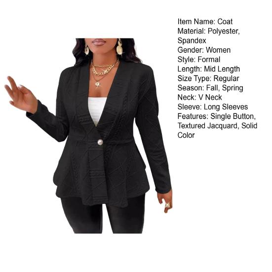 Fall Winter Lady Suit Coat Single Button Textured Jaquard Solid Color Mid Length Deep V Neck Long Sleeves Formal Business Style Lady Commuting Jacket
