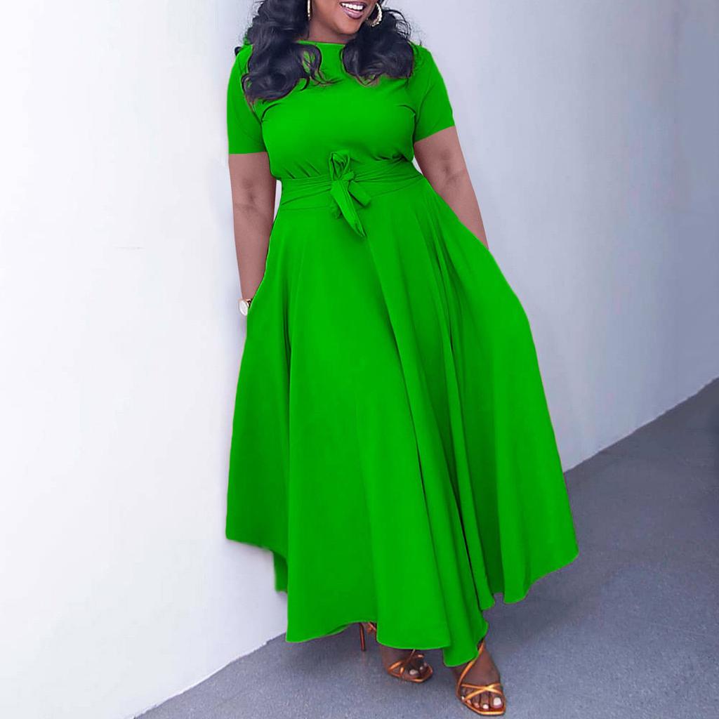 Elegant Women Dresses New Short Sleeve O Neck Sashes Pleated Ankle Length Luxury African Party Birthday Dress 5XL