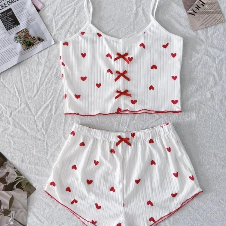 

Женская пижама, модное кружевное лоскутное сердечко с принтом и бантом, сексуальное ночное белье без рукавов с V-образным вырезом, летнее нижнее белье XL