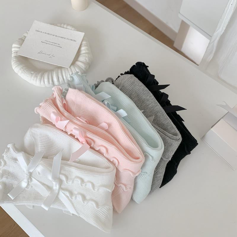 Lolita Kawaii Women Socks Bow Sweet Girls Cute Ruffle Socks Women Japanese Style Solid Color Black White Gray Long Socks Sox