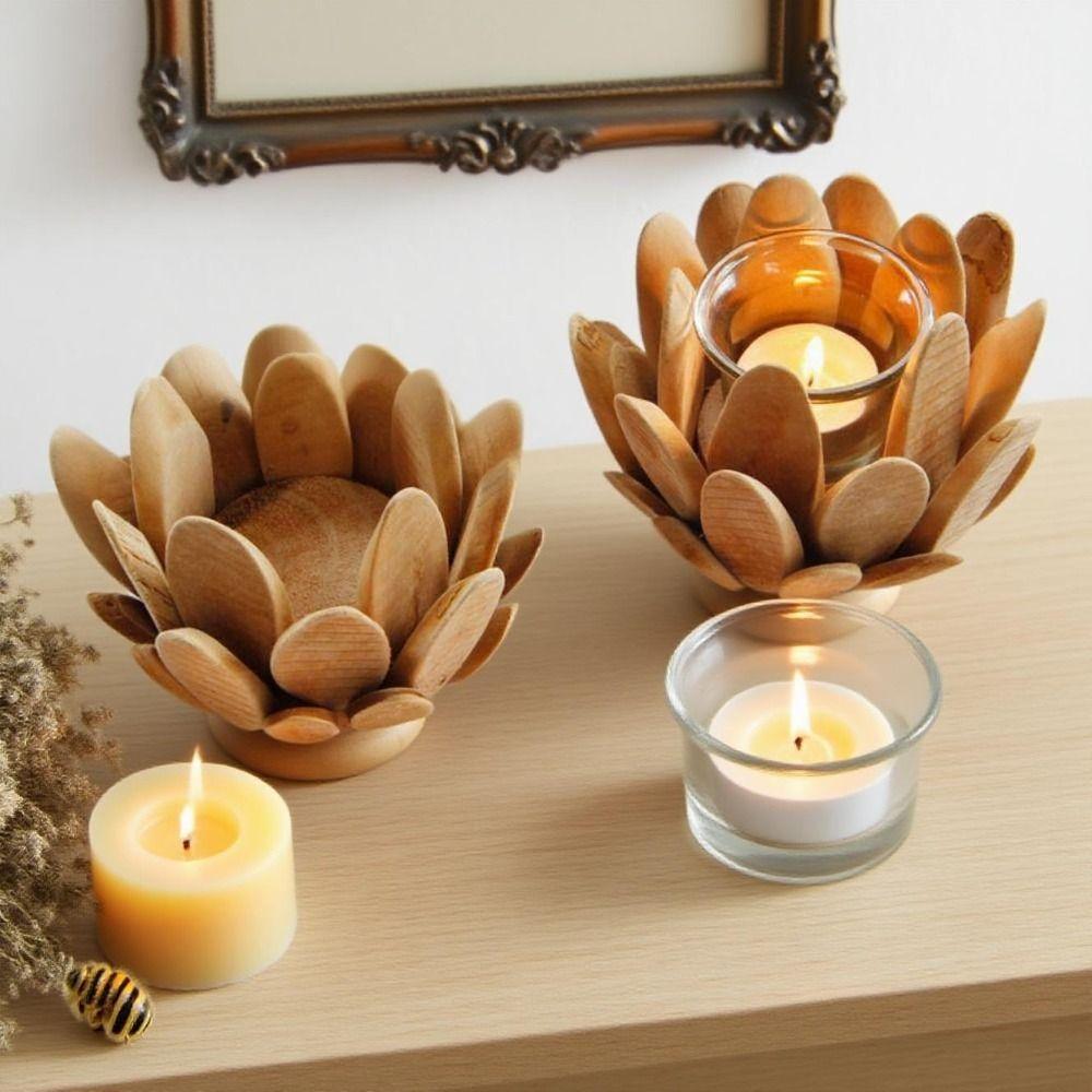 Durable Retro Wooden Petal Candle Holder Romantic Elegant Lotus Shape Candlestick Unique Creative Candle Stands Table Decoration
