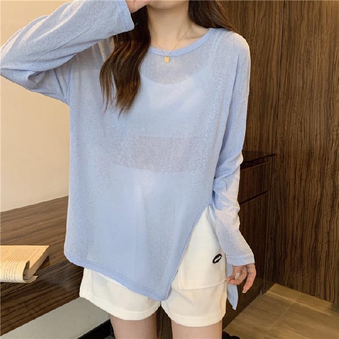 Women's Summer Thin Slightly Sheer Split Sun Protection Long Sleeve T Shirt Candy Colored Loose Air Conditioning Cover Up