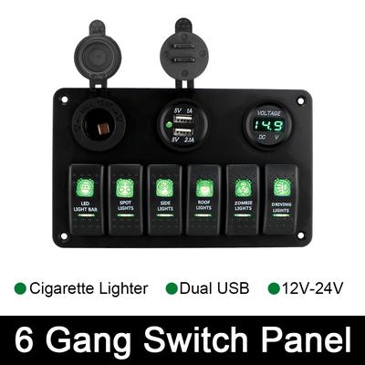 Dual USB Ports 6 Gang Rocker Switch Panel DC 12V/24V Waterproof LED Digital Voltmeter Car Marine Circuit Breaker ON/OFF Lights