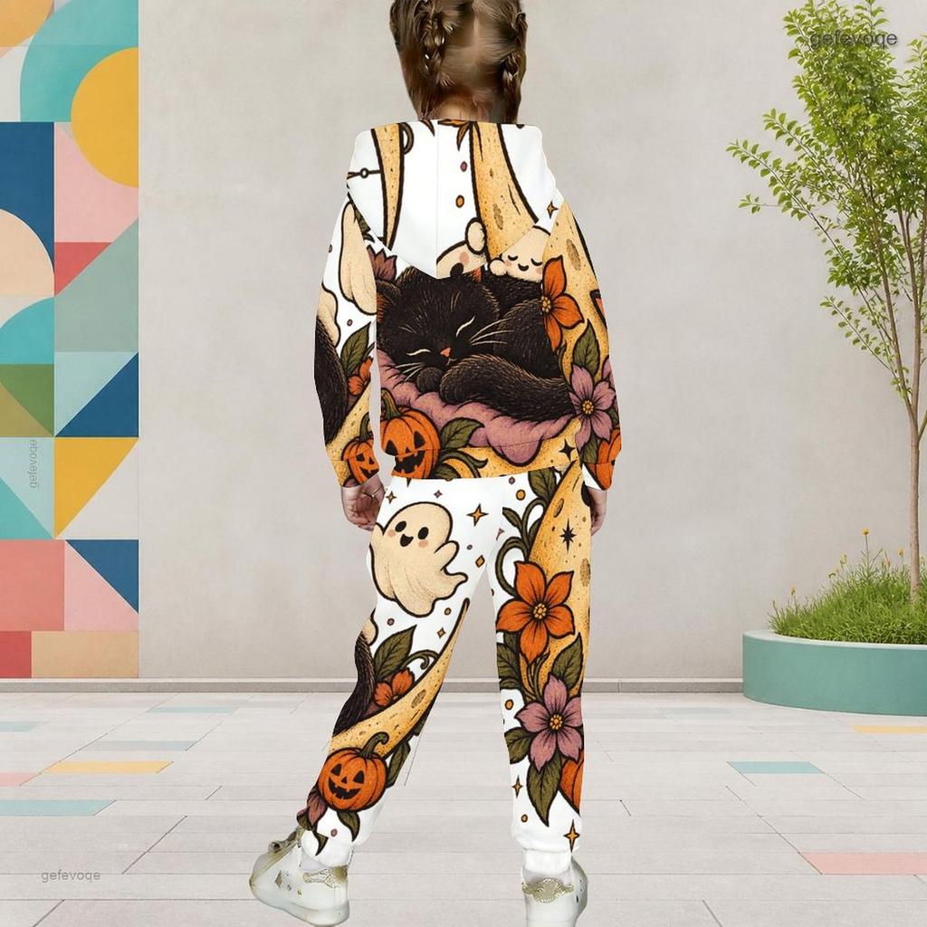 Girls Halloween Panda Ghost Printed Hooded Long Sleeve Kangaroo Pocket Cuffed Pants Two Piece Set