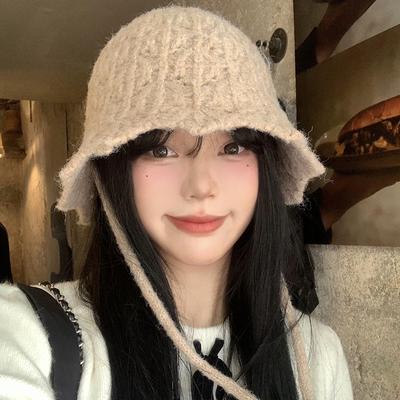 Strap Knitted Bucket Hat Women's Autumn and Winter New Versatile Bucket Hat Big Head Circumference Show Face Small Wool Hat