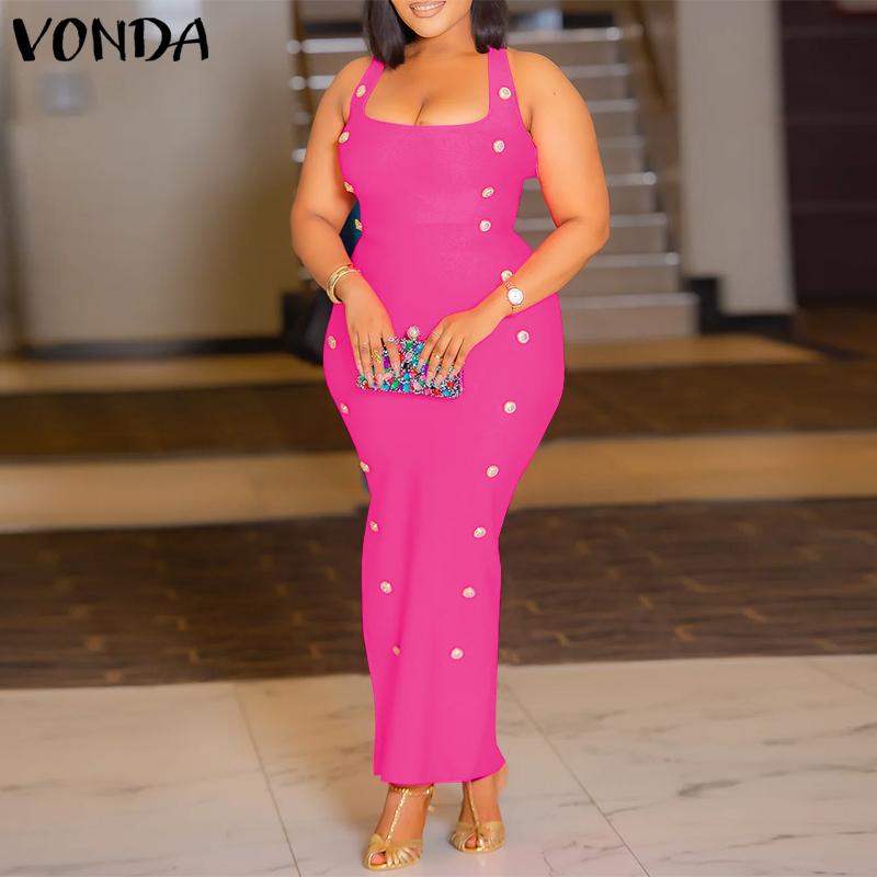 VONDA Женские летние модные платья с U-образным вырезом без рукавов и пуговицами — фото 4