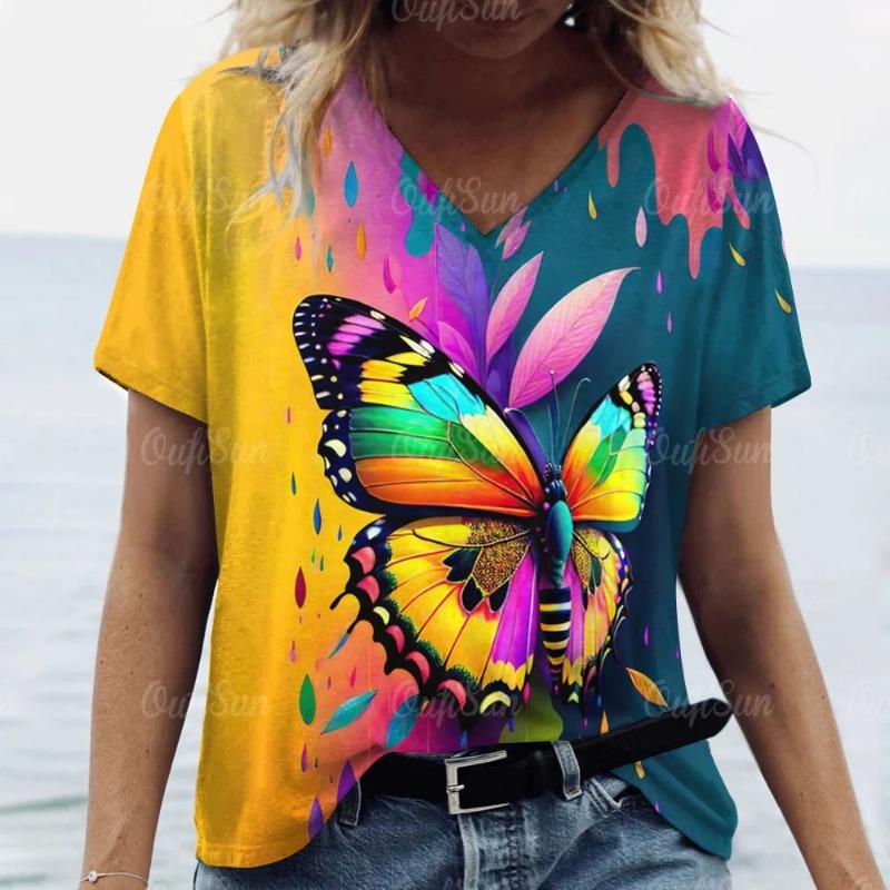 Women's V-Neck Print Beautiful Butterfly Pattern Oversized Women's Blouse Y2K Fashion Women's Breathable T-Shirt