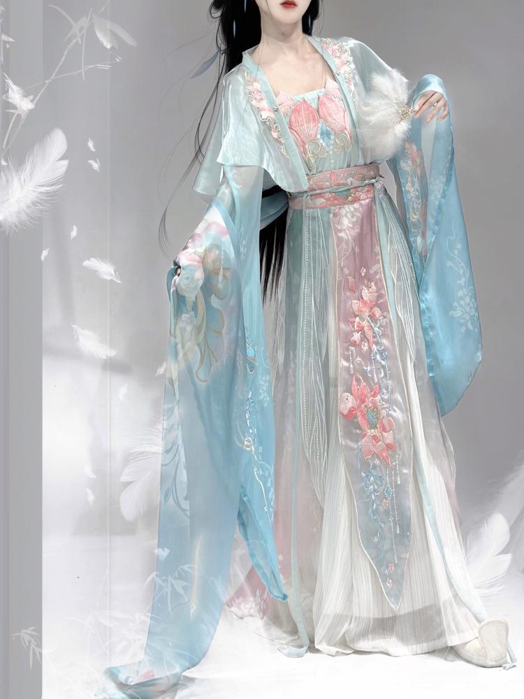 Lotus Rhythm Wei Jin Hanfu: Embroidered 5-Piece Set for Spring, Summer, Autumn