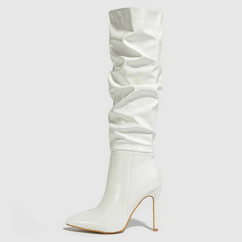 

Women Patent Leather High Thin Heel Boots Side Zipper Pleated Long Boots for Outdoor Office Nightclub Pub Party Wedding Banquet 42 білий